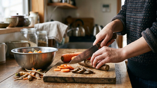Hands slicing burdock root and carrots on a wooden cutting board in a rustic kitchen