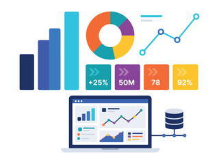 Fototapeta premium Data visualization with bar graphs pie chart and laptop displaying analytics reports business diagram