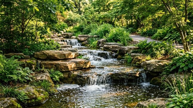 Lush forest waterfall cascade over mossy rocks with flowing stream and dappled sunlight.