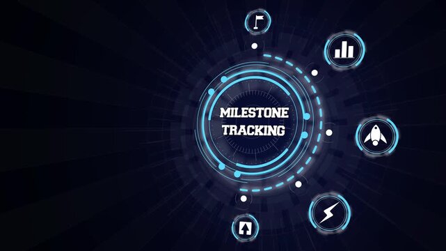 Digital hud interface tracking project milestones with glowing interactive analytics icons on dark backdrop