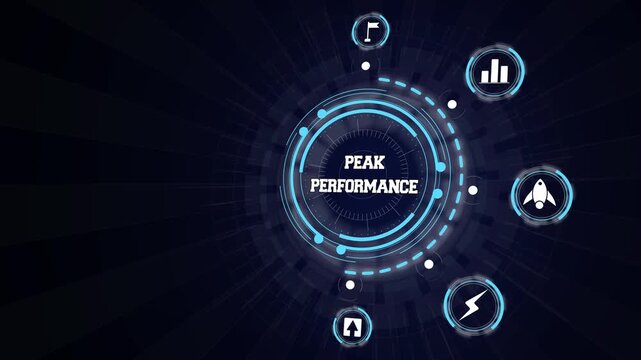 Peak performance corporate management concept displayed inside high tech dark circular hud screen