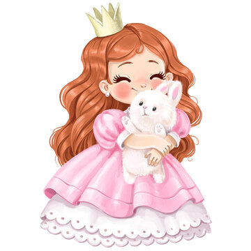 Cute cartoon princess in a voluminous pink dress hugs white rabbit toy watercolor paint