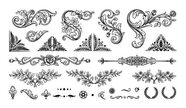 Antique botanical decoration collection with floral scrollwork corners, swashes and ornamental separators