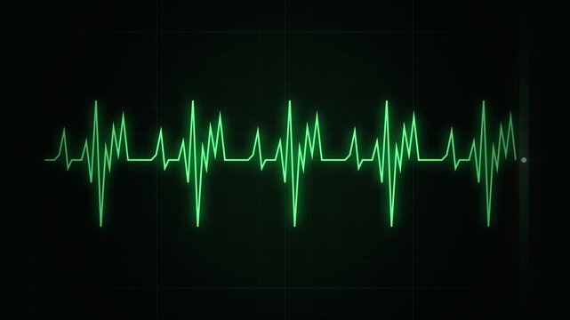 A green electrocardiogram waveform pulses across a dark background displaying a rhythmic heartbeat pattern pulse