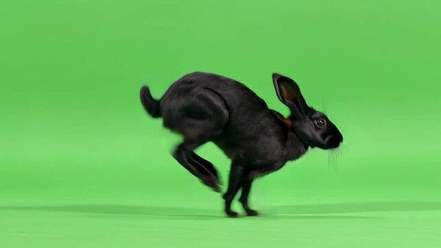 Fast black rabbit running across a bright green screen background in this dynamic motion video footage