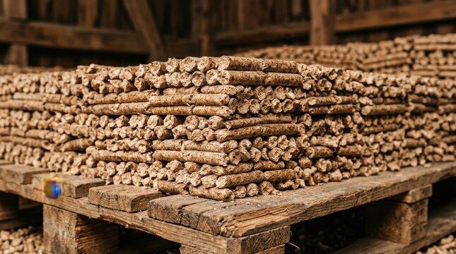 Stacked animal feed pellets neatly arranged on rustic wooden pallets inside a barn