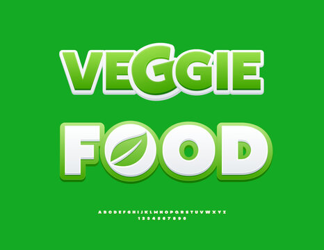 Vector Healthy template Vegan Food with Decorative Green Leaf. Modern Artistic Font. Bright set of Classic Alphabet Letters and Numbers.