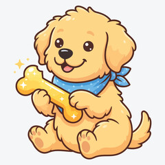 Obraz premium Cute golden retriever puppy holding a shiny treat bone in a colorful vector graphic illustration
