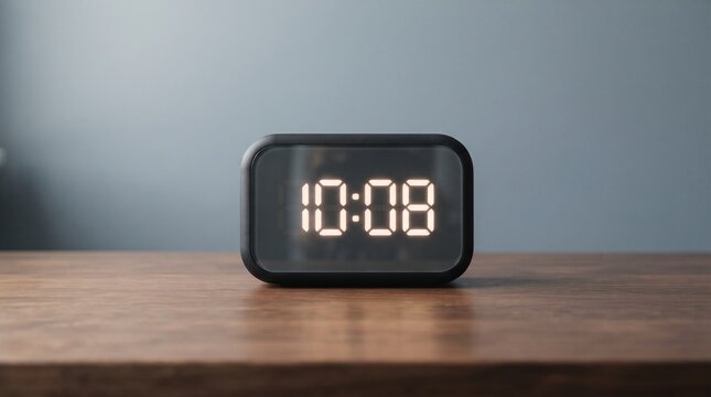 Modern digital LED alarm clock displaying the time 1008 on a rustic wooden table against a blue wall