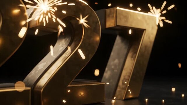 Golden 3D Number 2027 with Sparkler Fireworks and Celebration Lights &ndash; 4K Video