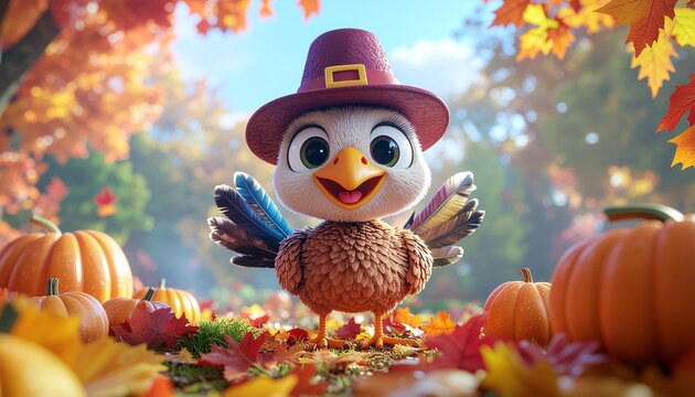 An adorable baby cartoon turkey wearing a purple pilgrim hat smiles happily in a sunny autumn field surrounded by big orange pumpkins and colorful fallen maple leaves.