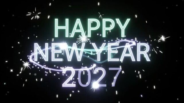 Happy New Year 2027 White and Cyan Glowing Typography with Sparkling Stars &ndash; 4K Video