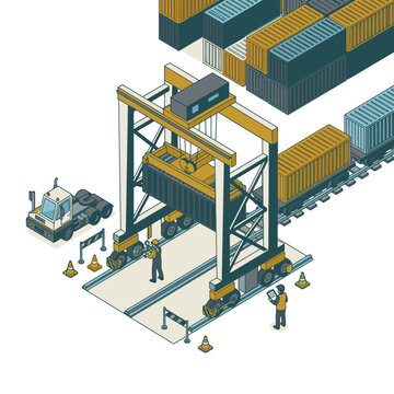 Sleek Isometric of Modern Container Crane Handling Stacked Shipping Containers in Industrial Port