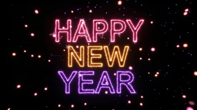 Happy New Year 2027 Neon Pink Orange Purple Typography with Glowing Particles &ndash; 4K Video
