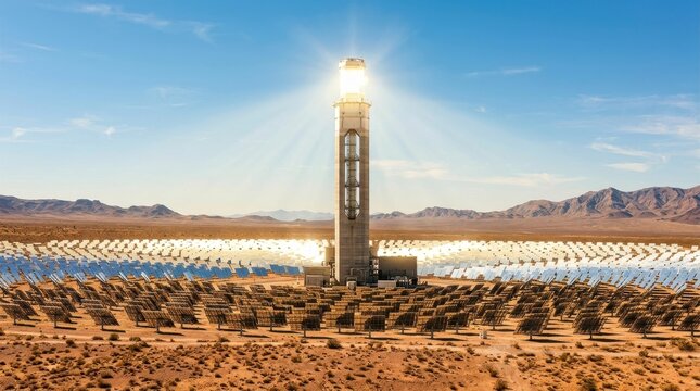 Towering solar energy plant with vast field of mirrors under bright sunlight in a desert landscape