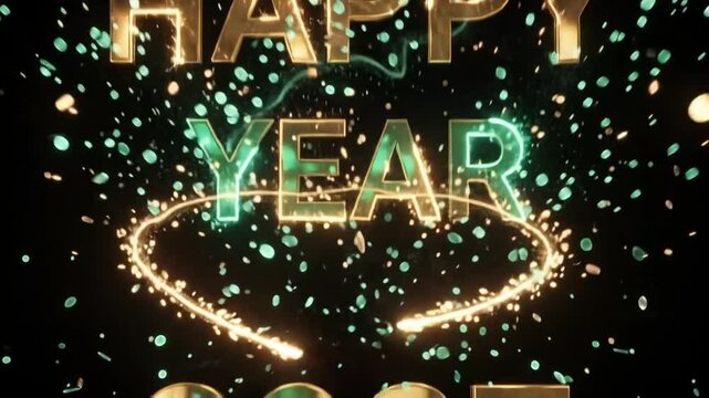 Happy New Year 2027 Gold and Turquoise Celebration with Falling Particles &ndash; 4K Video