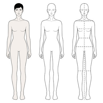 Asian female fashion croquis with pixie hair cut. 9-head fashion figure for technical drawing and sketching. Woman model template front view for professional fashion illustrations CAD.