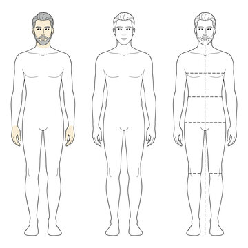 Set of mature male fashion figure templates with beard for technical sketching. 9-head fashion croquis for apparel design. Bearded man's figure front view for fashion illustrations CAD.