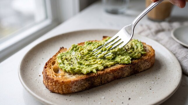 Avocado toast on sourdough with fork bite, trendy brunch dish closeup, vegan cafe menu item, food photography for restaurant and social media content design