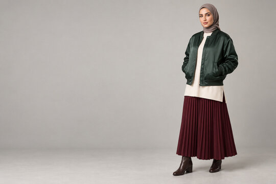 Woman in satin bomber jacket and hijab for modest fashion with copy space