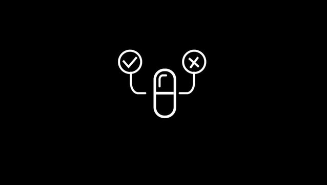 Simple black and white line drawing of a medicine capsule showing pros and cons concept.