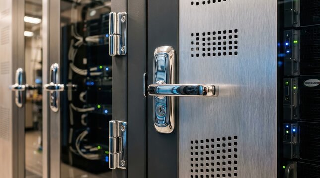 Polished chrome server rack door handle with perforated metal panel in a modern data center environment
