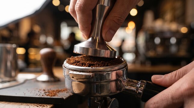 Barista hand tamping coffee grounds in portafilter, espresso preparation closeup, cafe professional coffee making, small business food service for commercial design