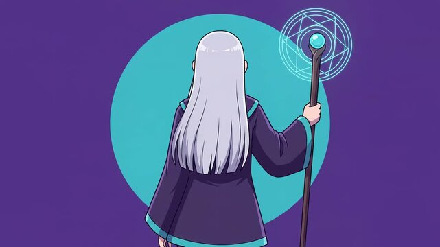 Anime battle mage from behind holding tall glowing staff with floating rune circle, royal purple background, seamless loop 2D cel animation, dynamic anime magic look, faceless, silent 8 seconds