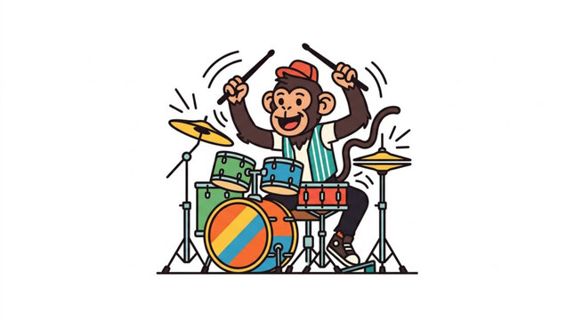 Energetic monkey musician character playing colorful drum kit set with wooden sticks
