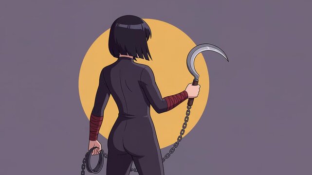 Anime warrior from behind holding chain sickle kusarigama with coiled chain, storm gray background, seamless loop 2D cel animation, dynamic anime action look, faceless, silent 8 second clip