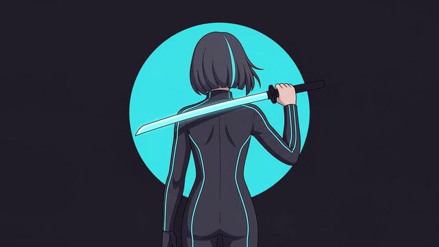 Anime cyber ninja from behind holding glowing neon energy sword, deep black background, seamless loop 2D cel animation, dynamic anime cyberpunk aesthetic, faceless character, silent 8 second clip