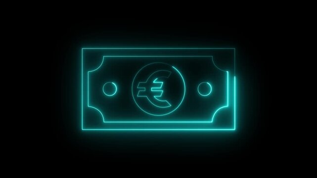 glowing neon euro banknote icon animation on black background. euro banknote icon. stacked euro bills representing finance, banking, savings, and economic wealth concept.