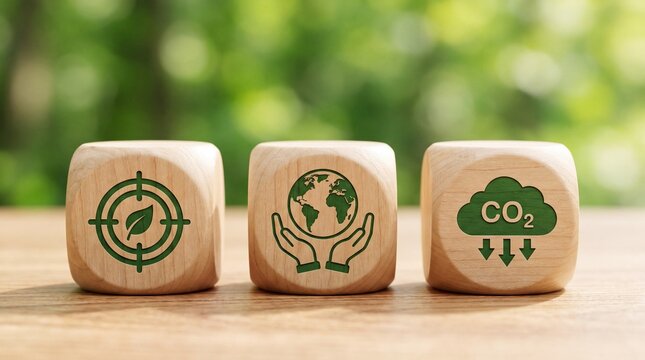 Wooden dice displaying ecological icons for carbon footprint reduction and sustainable global environmental protection strategy concepts