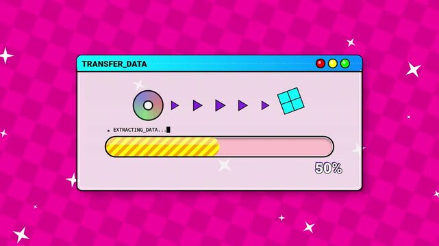 Data transfer progress bar loading on retro computer screen interface background