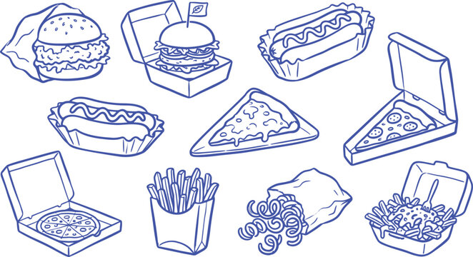 Set of fast food doodles including burgers, hot dogs, pizza, french fries, and poutine in takeout packaging, handdrawn style