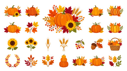 Autumn pumpkin floral arrangement, fall harvest leaves and wheat banner vector, Thanksgiving decorative vignette illustration © Malik