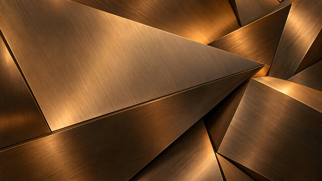 Abstract 3D geometric background featuring brushed bronze metallic triangular shapes and sharp angles with dramatic lighting for modern design projects.