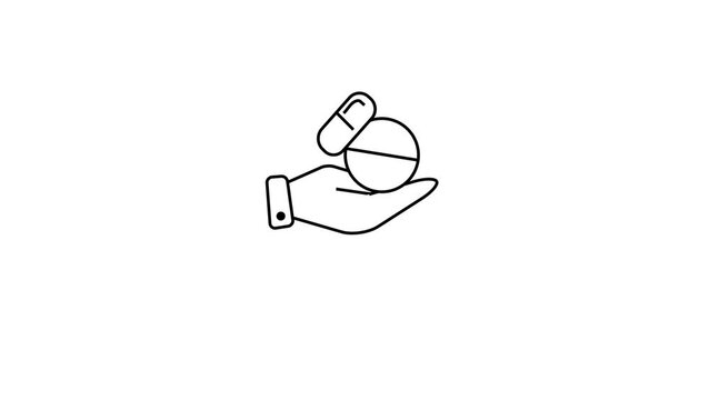 Hand drawn vector line art illustration of a hand holding medicine pills and capsule on isolated white background.