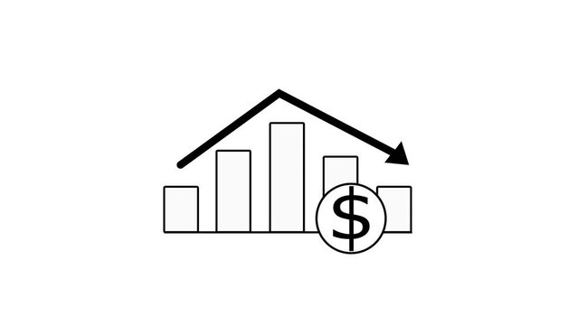 Minimalist doodle illustration of a bar graph with decreasing arrow and dollar symbol.
