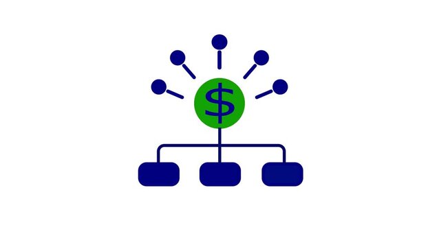 Features a central dollar coin radiating rays connected to a branched organizational structure or flow chart.