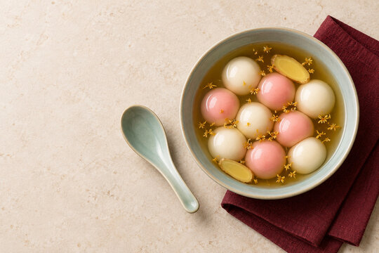 Dongzhi tangyuan in ginger syrup for winter solstice with copy space