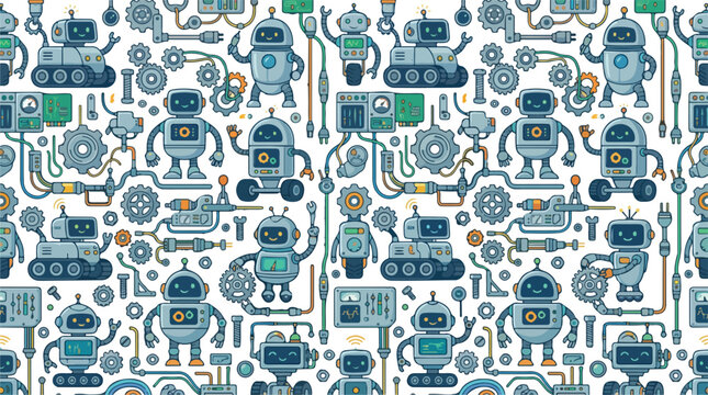 Cute cartoon robots seamlessly repeating in a technical pattern with gears and circuits