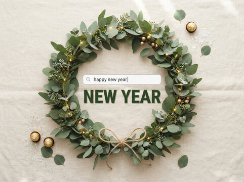 New year greeting with leaf garland and confetti on light background