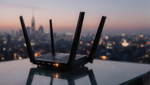 Modern Wireless Router with Cityscape at Dusk.