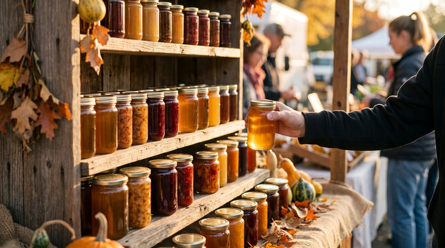 Customer reaching for honey jar at autumn farmers market  