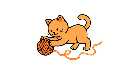Fototapeta premium A cute orange kitten playing with a ball of yarn. The kitten is captured in a playful pose, reaching out with its paw to bat at the yarn, its tail curved upwards in excitement