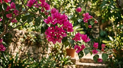 Naklejka premium Closeup of vibrant pink bougainvillea flowers blooming on a lush green vine in a sunlit garden