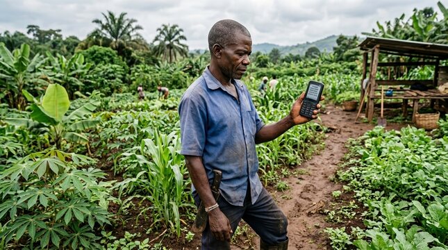 African farmer uses mobile phone in lush green agricultural field with diverse crops and distant workers
