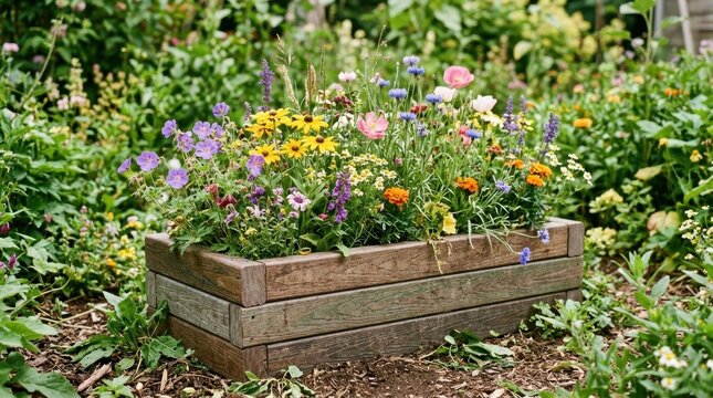 Vibrant Summer Flower Bed Filled With Colorful Blooms in a Rustic Wooden Garden