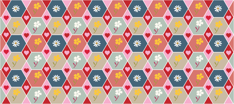 Seamless geometric floral pattern featuring small cute flowers hexagonal grid and heart diamond shapes for textile wallpaper wrapping paper backdrop design